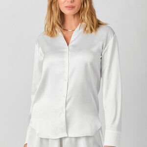 MYSTREE White Satin Button-Down Blouse, Silky Long Sleeve Dress Shirt Luxe Satin